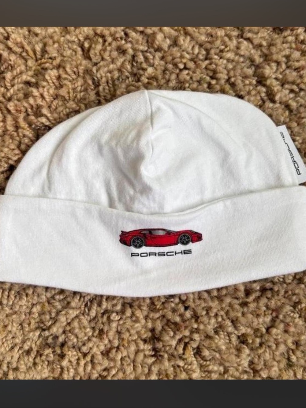 Baby White Beanie with Porsche Red Sports Car